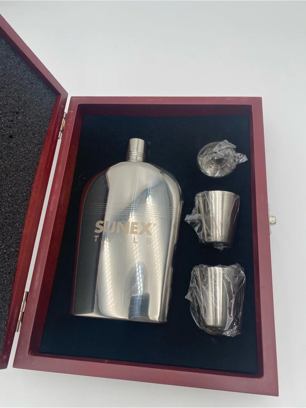 Sunex Tools Stainless Steel 6 oz Hip Flask Set w/ Funnel, 2 Shot Glasses, Box